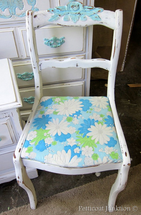 Blue and White painted chair with vintage floral fabric seat, Petticoat Junktion