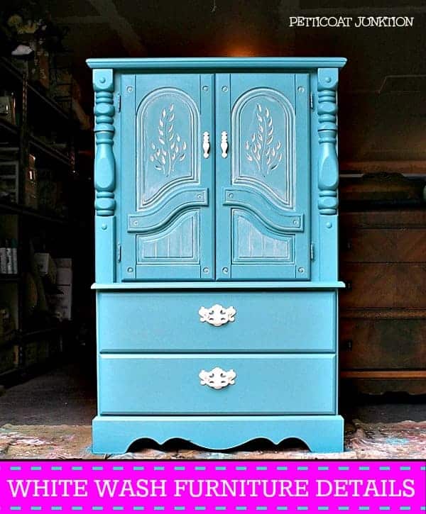 white wash furniture details on a turquoise chest