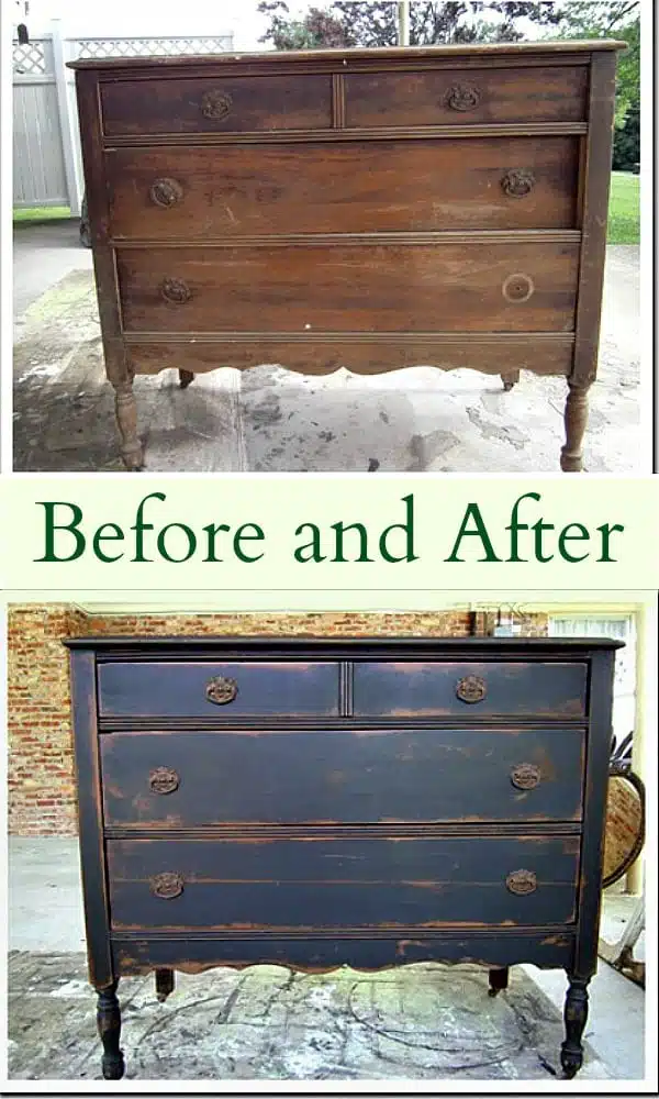 Before and After Furniture Makeover featuring a vintage vanity painted and antiqued