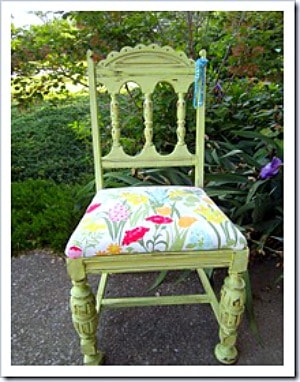 chair painted green and chair seat recovered in vintage fabric petticoat junktion