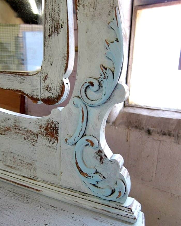 pretty painted two tone turquoise details on vintage wood dresser mirror