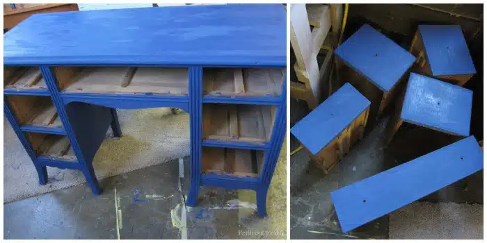 painting a desk blue and adding fabric decoupage