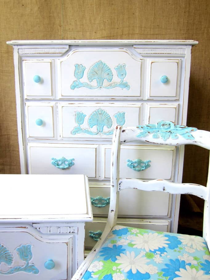 blue and white painted chest and bedroom furniture,Petticoat Junktion