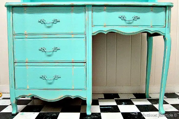 French Provincial desk makeover with turquoise paint
