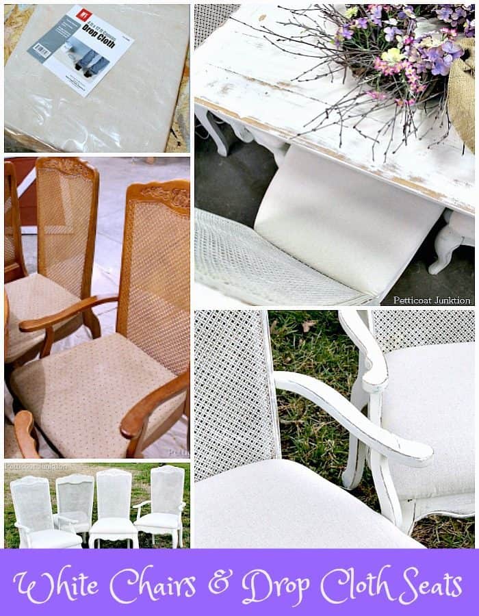 white shabby chic table and chairs with drop cloth seats