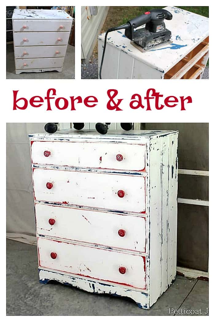 before and after furniture makeover on a flea market find