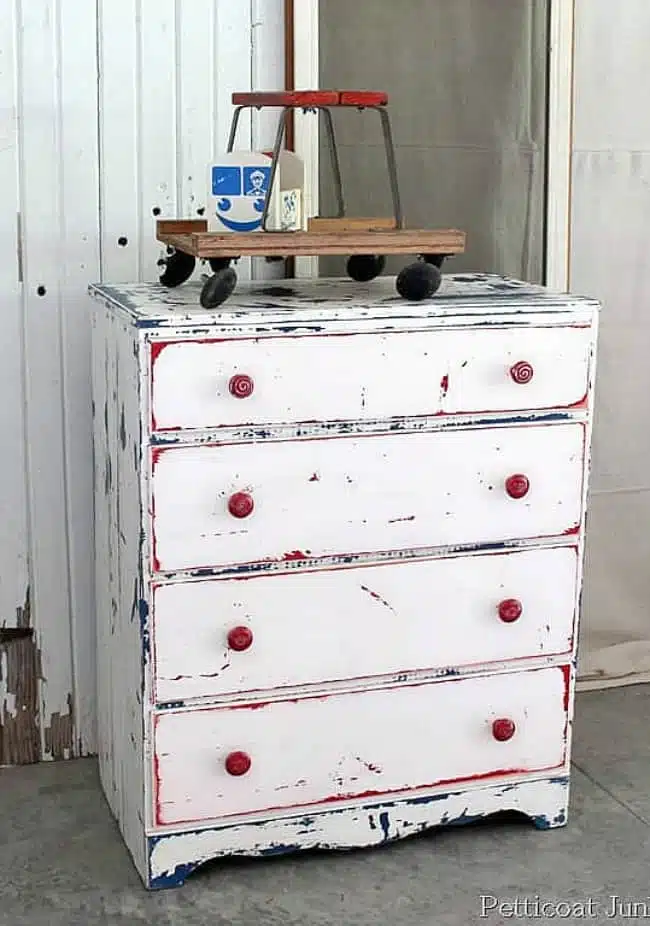 distressed furniture is red white and blue