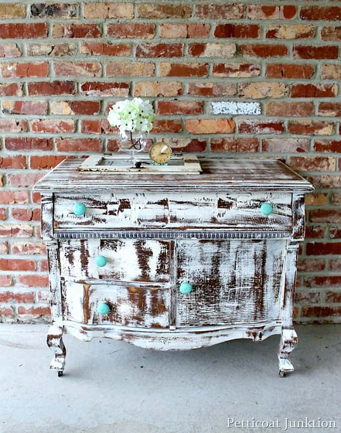 Distressed Shabby White Dresser With Turquoise Knobs Petticoat