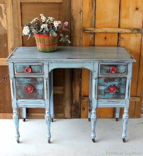 blue paint red hardware furniture makeover