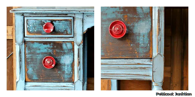 red drawer pulls distressed dresser