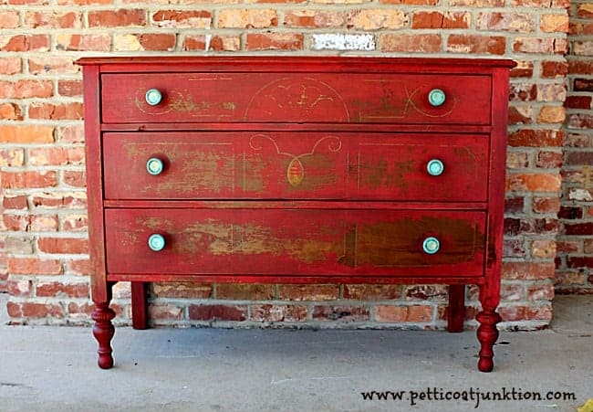 Pretty Red Dresser Has A Beautiful Chippy Paint Finish