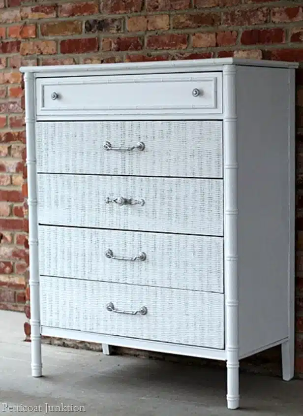 painted white wicker chest with spray painted silver hardware petticoat junktion