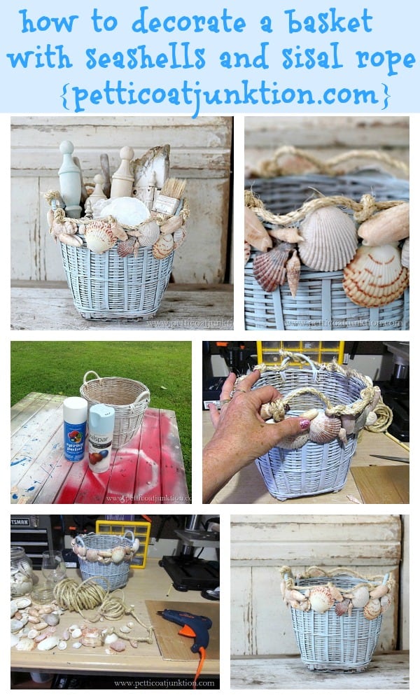 how to decorate a basket with seashells and sisal rope Petticoat Junktion