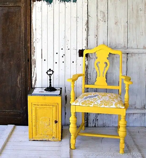 bold and fancy yellow chair with cockatiel fabric seat Petticoat Junktion
