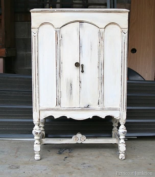 Antique Finish White Paint Distressed Radio Cabinet Redo