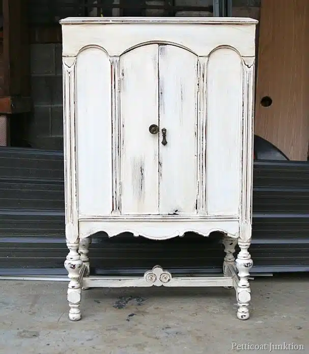 White Radio Cabinet With Heavily Distressed paint Petticoat Junktion