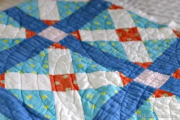 vintage handmade quilts. patchwork quilt colors blue and orange petticoat Junktion