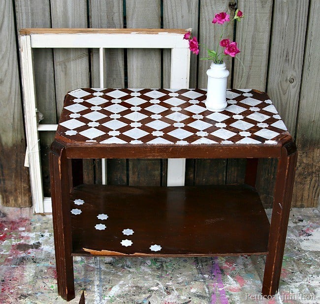 plum cute stenciled table Petticoat Junktion themed furniture makeover