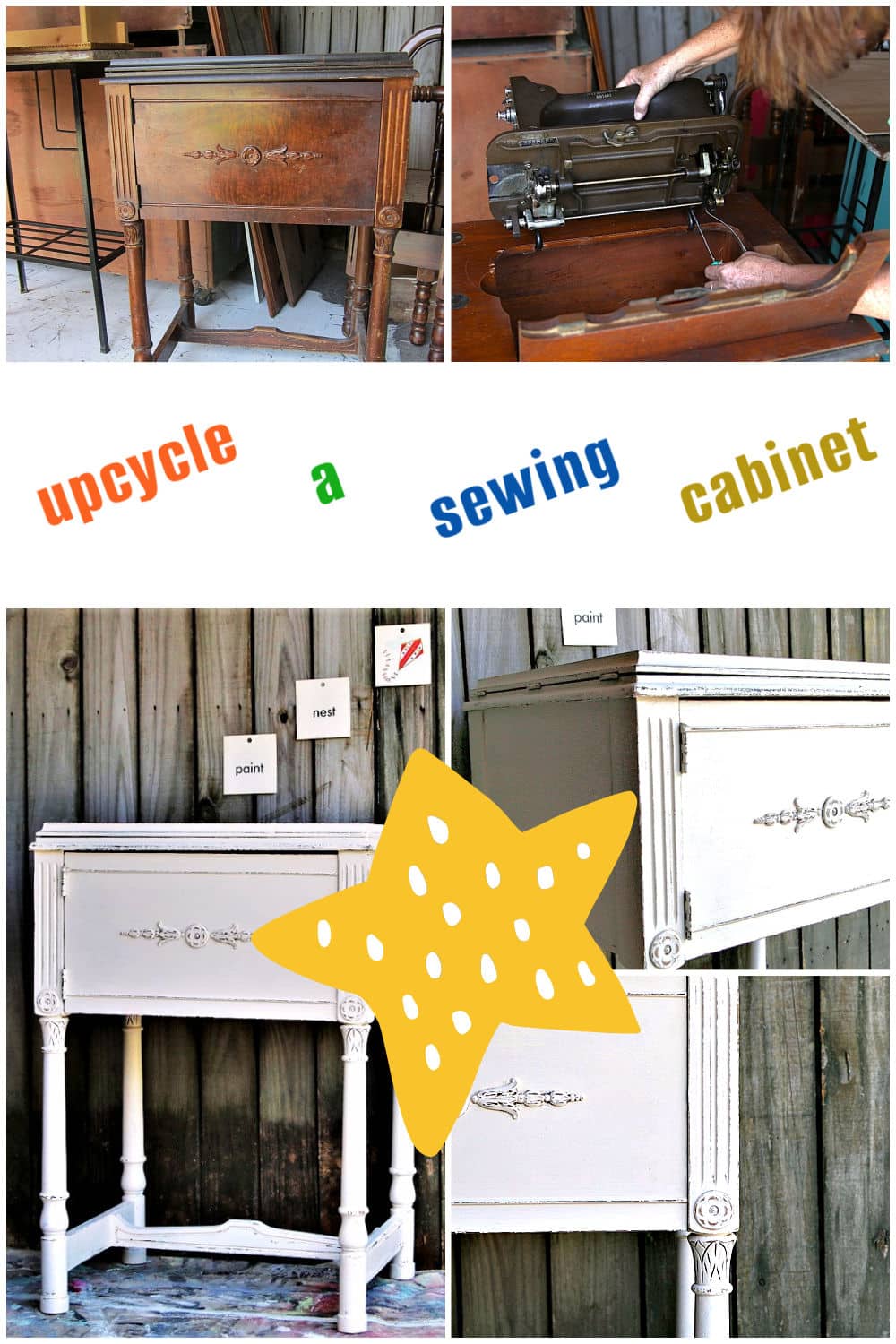 how to upcycle a vintage sewing machine cabinet to use as a side table