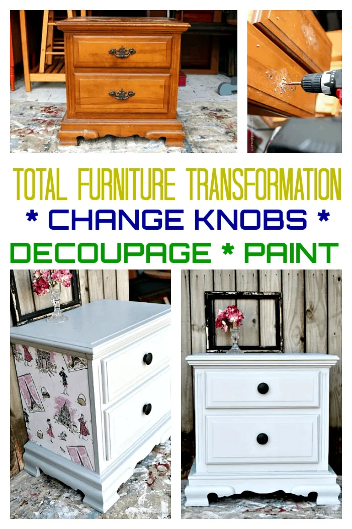 Total furniture makeover with paint, new knobs, and fabric decoupage