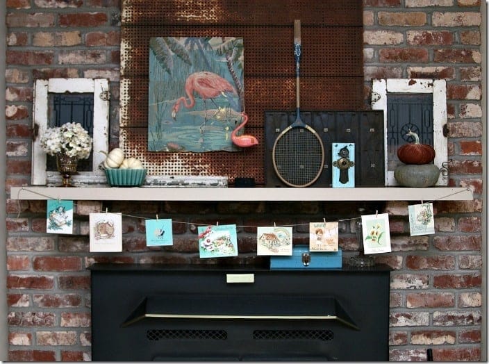 pink flamingo mantel decor with vintage card garland Petticoat Junktion