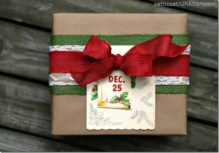 red and green burlap ribbon wrapped Chrismas gift idea Petticoat Junktion