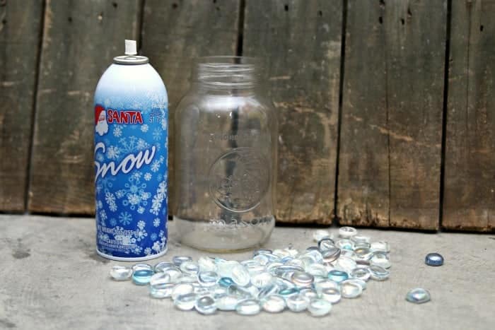 spray snow and mason jar for gift idea
