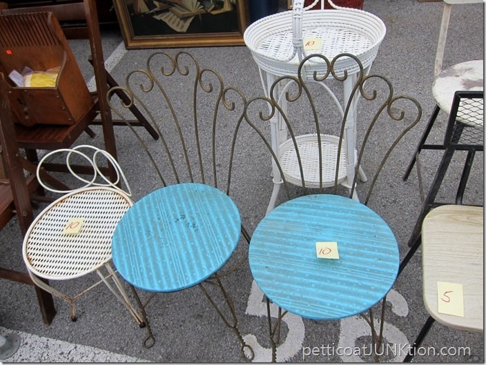 pair of vintage wrought iron vanity chairs Nashville Flea Market shopping trip Petticoat Junktion