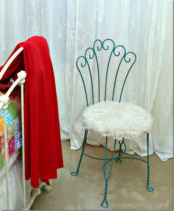Pretty turquoise vanity chair with soft furry fabric seat Petticoat Junktion project