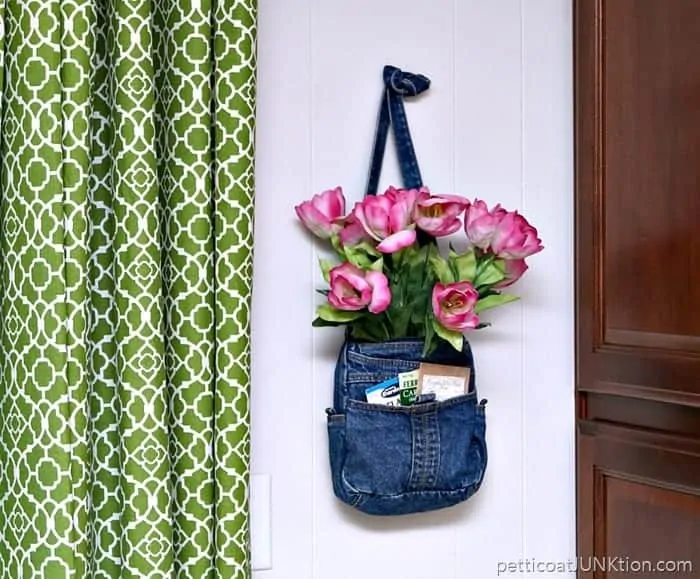 Pretty Pink Tulips and flower seed packets In A Recycled Denim Purse Petticoat Junktion thrifty