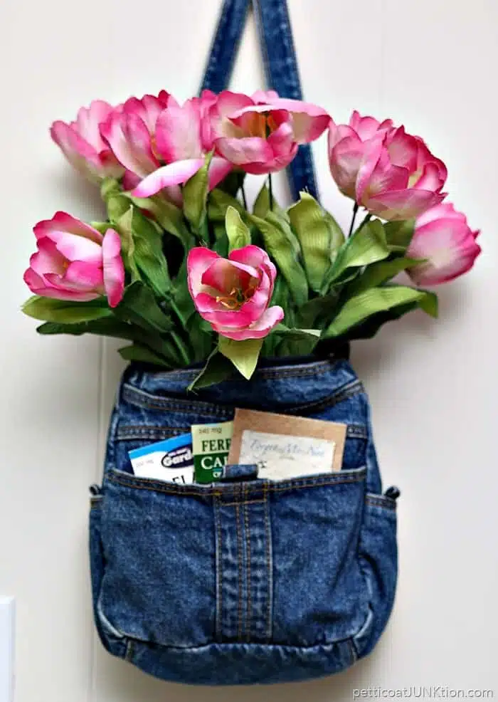 Show Off Pink Tulips In A Recycled Denim Purse Petticoat Junktion