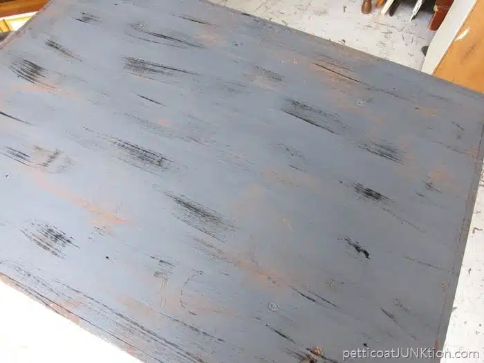 black paint streaks weathered wood gray finish tutorial Petticoat Junktion