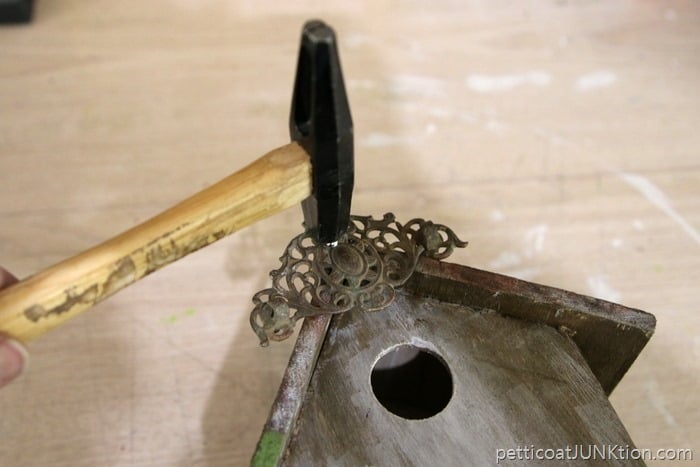 Adding Vintage Hardware to a wood Birdhouse Petticoat Junktion