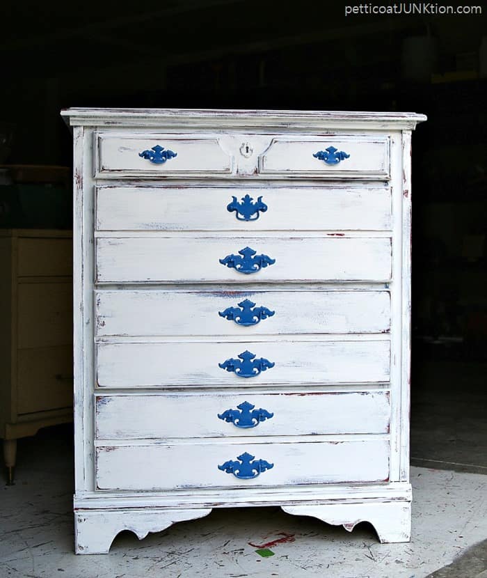 Layered Paint Project red whtie blue Petticoat Junktion before after furniture makeover
