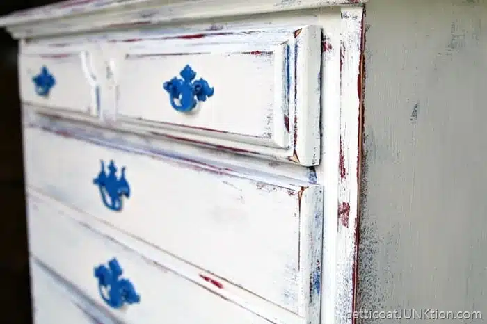 Layered Paint Project red whtie blue Petticoat Junktion furniture makeover