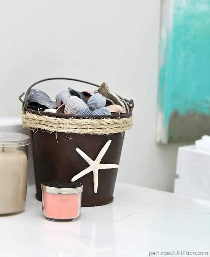 Sisal Rope Wrapped Rusty Starfish Seashell Bucket