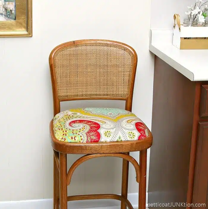 how to cover a fabric seat Petticoat Junktion cane back bar stool project