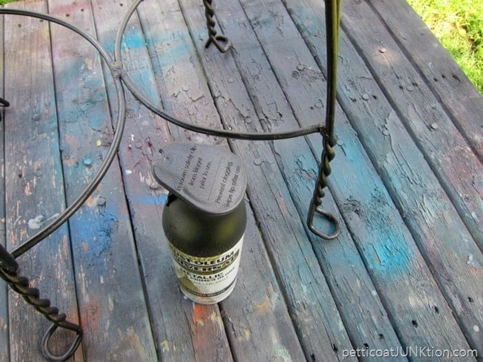 RustOleum Metallic spray paint for the metal chair color is Oil Rubbed Bronze 