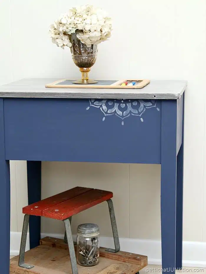 Bohemian stenciled table project FolkArt Milk Paint in Inkwell