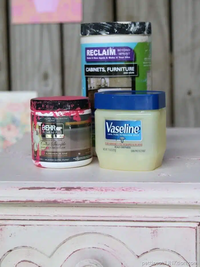 Reclaim paint for top layer Behr Sample Oops Paint for bottom layer and Vaseline to distress paint