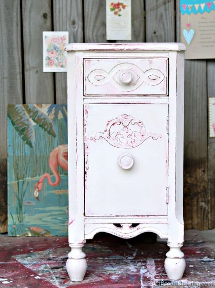 Shabby Chic Pink And White Paint Layers Petticoat JUnktion before and after furniture makeover 