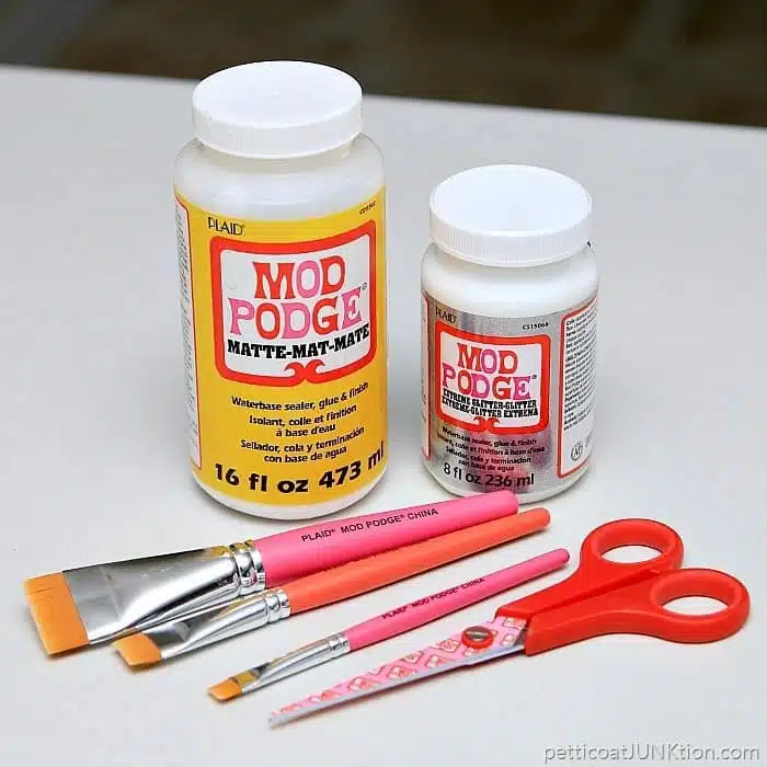 Glitter and Matte Mod Podge and Mod Podge brushes and scissors