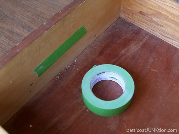frogtape on drawer to keep wood filler from leaking into drawer