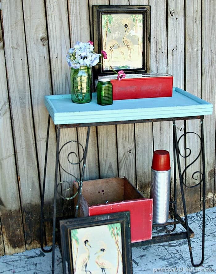 salvaged wood table top and aquarium stand painted Roanoake Rain color Black Dog Salvage Furniture Paint 3