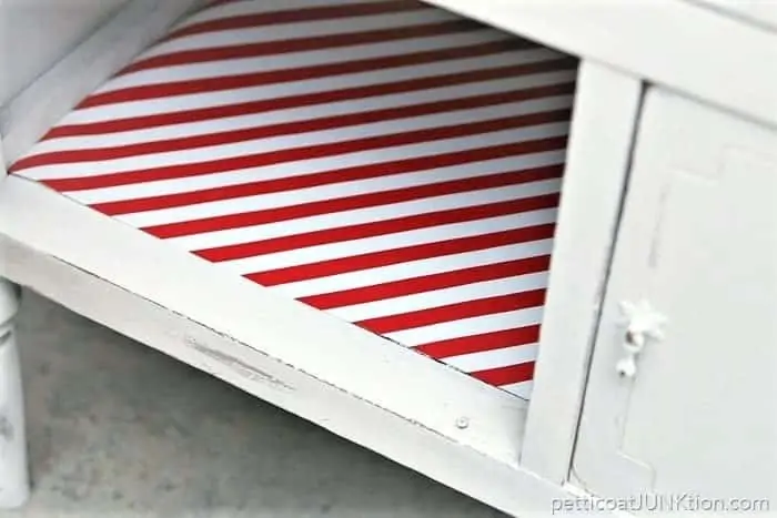 red and white paper liner for furniture makeover
