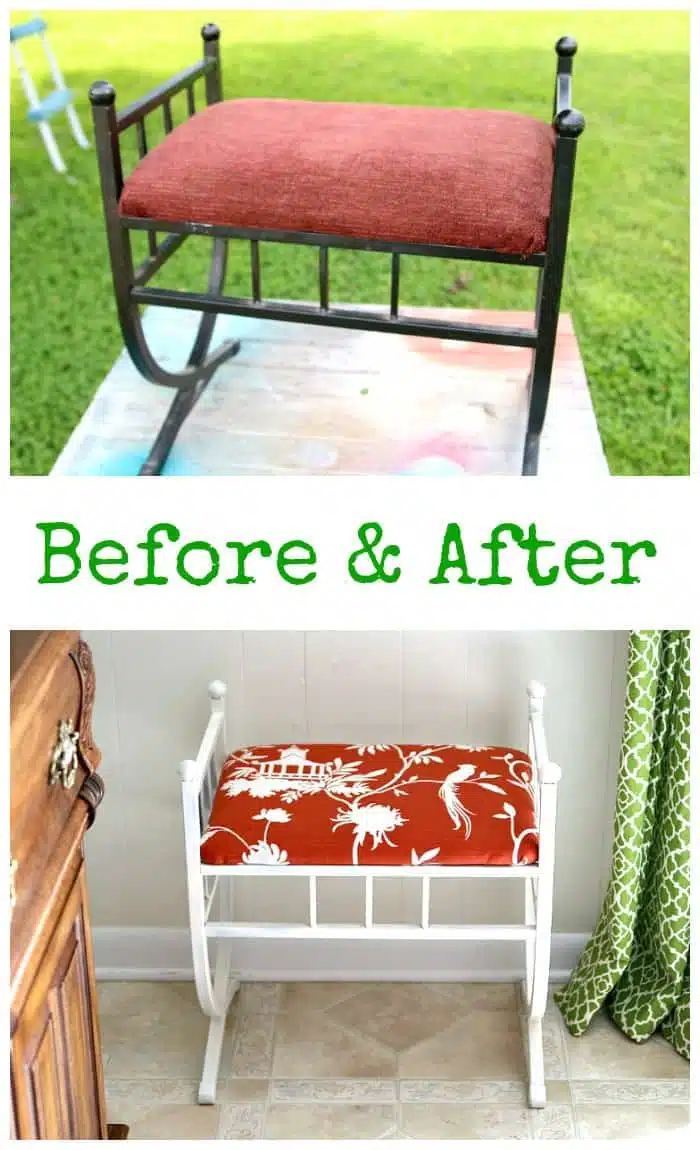 Before and After stool makeover with fabric and paint