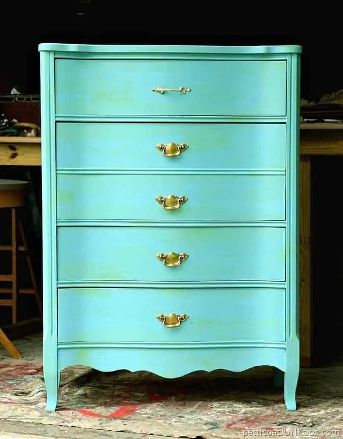 Furniture Makeover Green Wash Over Turquoise Paint And Shiny Brass Hardware