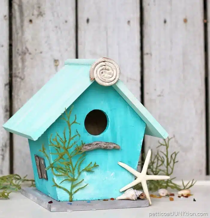 Turquoise Birdhouse inspired by the beach and painted with FolkArt Coastal texture paint