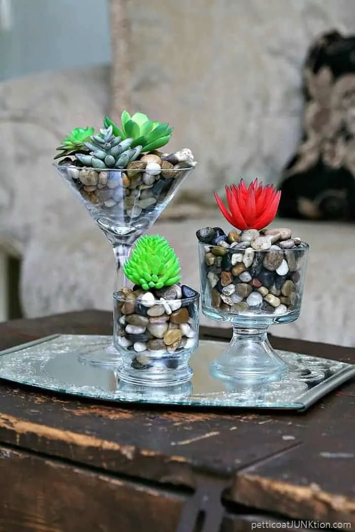 Faux Succulents In Fancy Thrift Store Glasses