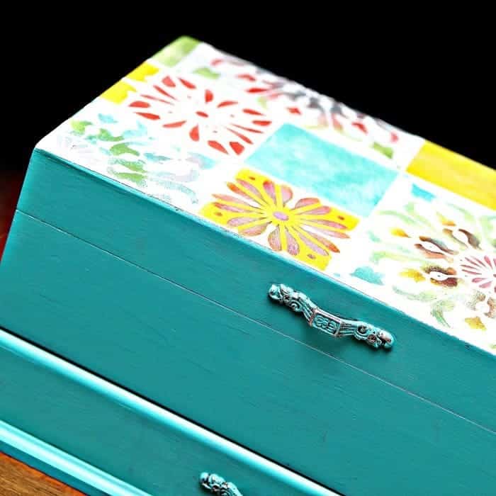 colorful turquoise jewelry box with flower tile stencil design